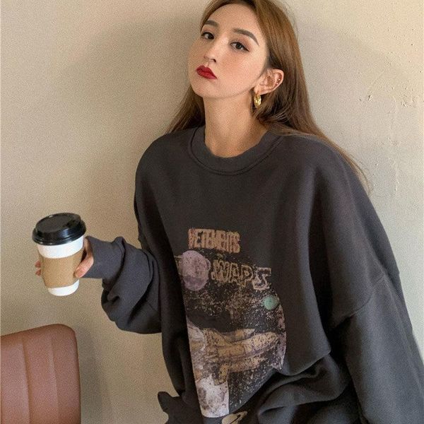 

women's hoodies & sweatshirts hong kong wind gray and velvet thickening autumn winter korean loose coat long pullover jacket tide, Black