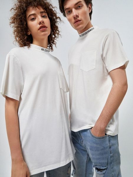 

1pc letter graphic mock neck patched pocket tee d2ob#, White;black