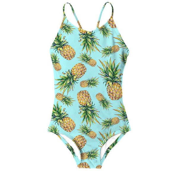 

3-10y girls swimwear summer crisscross pineapple print back leopard floral one-piece swimsuit maillots de bain fille one-pieces, Black