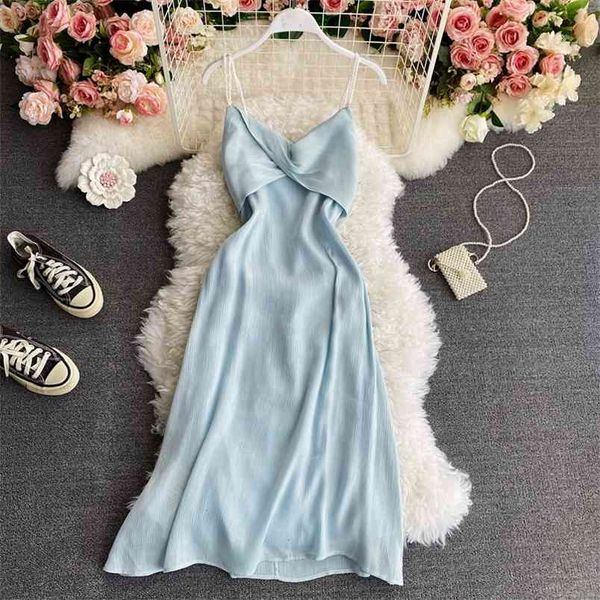 

spring women's retro v-neck solid backless empire knee spaghetti strap dress d086 210506, Black;gray