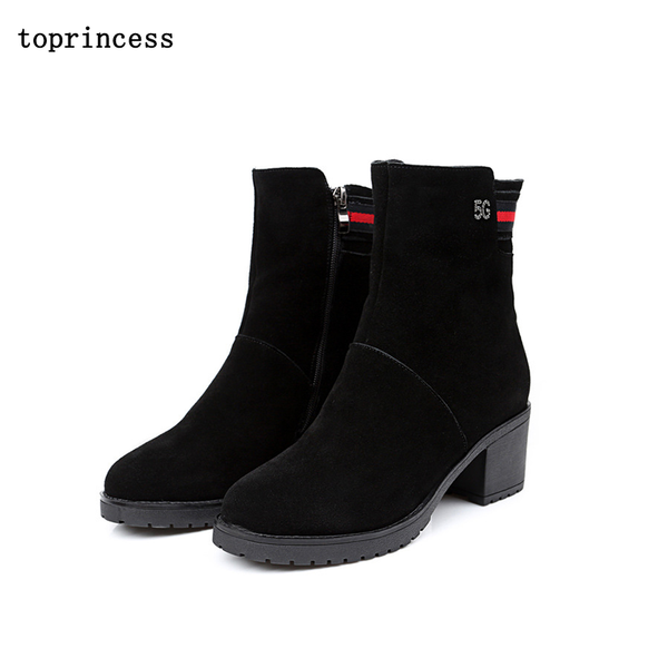 

boots hn19 incess cow leather women zipper and elastic band fall rounded toe platform 2021 warmth comfort, Black