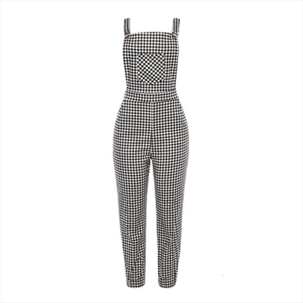 

summer sleeveless polyester dungarees women romper loose plaid long playsuit pants ladies streetwear trousers bl4, Black;white