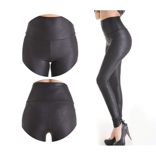 

sale fashion serpentine leggings womens leggins stretch high waist quality faux leather pants plus size yak0010 211014, Black