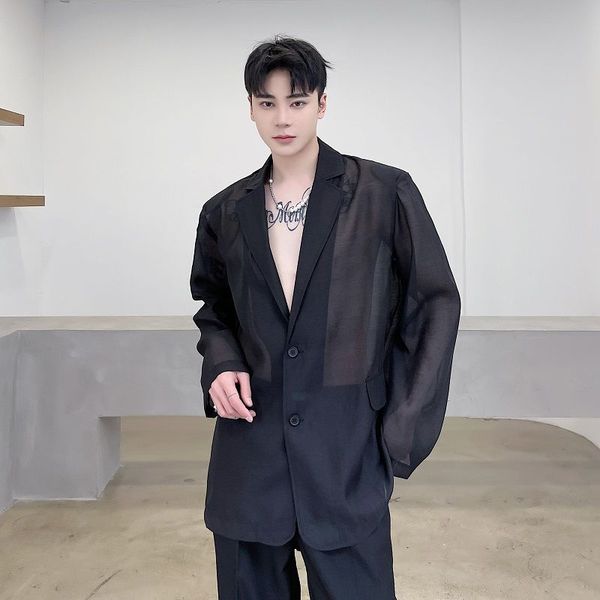 

summer 2021 new organza fabric see through black white blazers for men notched collar long sleeve suit coat 9y7001, White;black