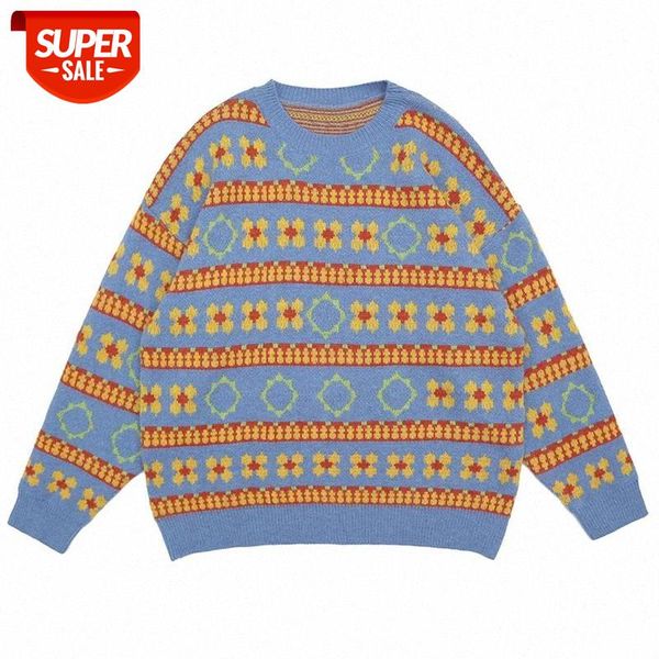 

flowers print color block knitted sweater men women 2021 hip hop pullovers harajuku streetwear cotton kint pullover #wn6u, White;black