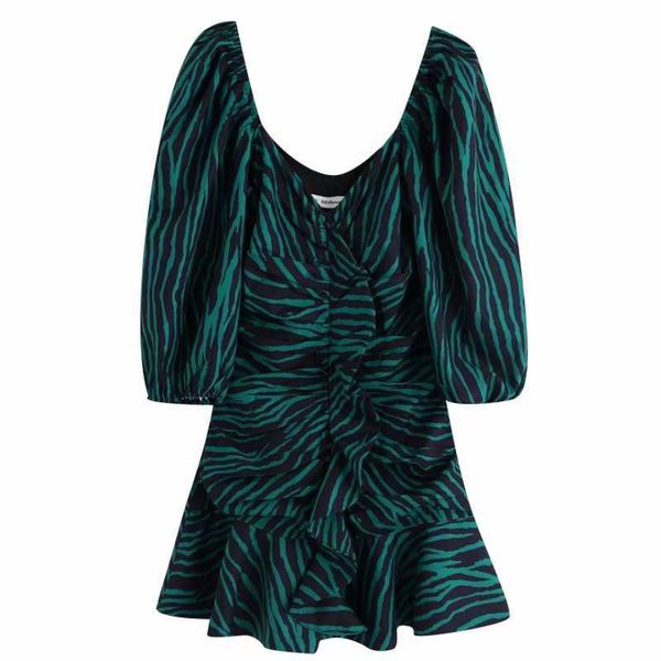 

women vintage cascading ruffles striped print casual slim mini dress ladies three quarter sleeve vestido chic dresses ds3049 210603, Black;gray