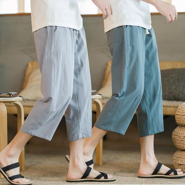 

men's shorts fashion summer casual pants wild cotton and linen loose korean style trend nine-point straight trousers, White;black