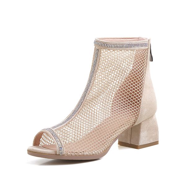 

elegant shiny crystal summer net boots women laides peep toe sandals woman female peep toe zip mesh shoes 33-43 sandalias, Black