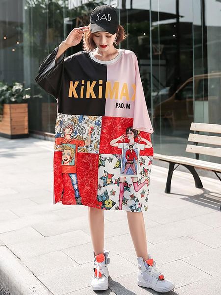 

extra large size loose summer tide brand fat mm cover belly t-shirt dress personality stitching printing street cool women's, White