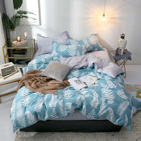 

bedding sets 2021 home textile light blue gray leaf wave pattern flat bed sheet duvet cover pillowcase boy girls linen set