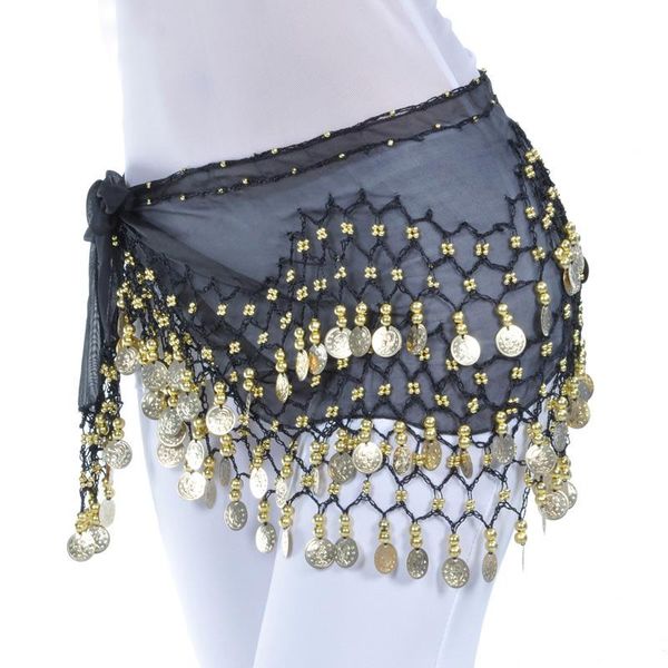 

stage wear lady women belly dance hip scarf accessories 3 row belt skirt with gold bellydance tone coins waist chain wrap adult, Black;red