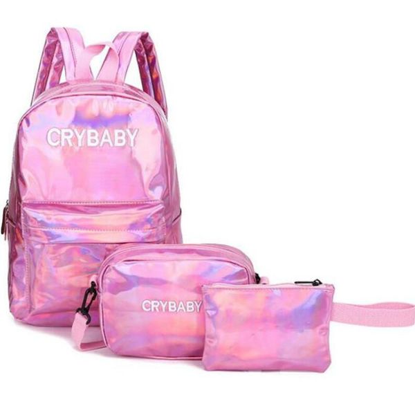 

backpack 3pcs holographic laser embroidered patent letter hologram set school bag +shoulder +penbag
