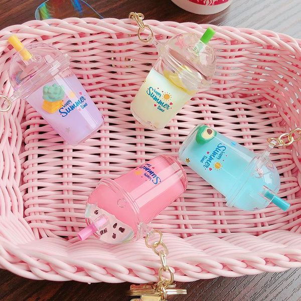 

keychains floating fruit decompression keyring acrylic milk tea cup keychain moving liquid quicksand key ring car bag pendant women gift, Silver