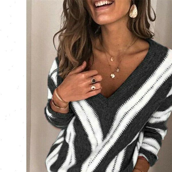 

fashion women sweaters womens ladies autumn winter v neck knitted sweater long sleeve casual pullover loose jumper black blue, White;black