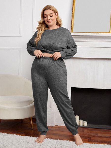 

plus drop shoulder twist hem pj set y9at#, Black;white