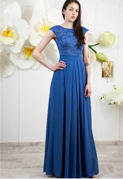 Modest Lace Long Floor Length Cap Sleeve Blue Dridade Vestido Roxo Chiffon Com Mangas Mulheres Formal Vestido de Noite