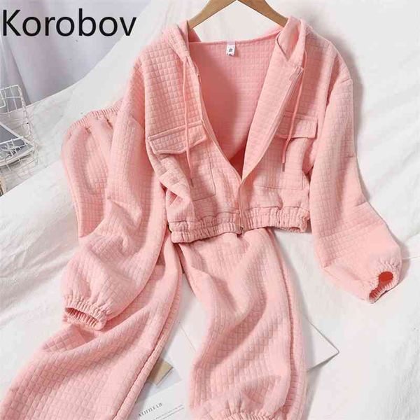 

korobov korean women outwear pockets streetwear sweatshirts and high waist harem pants female 2 pieces sets 210430, Black;white