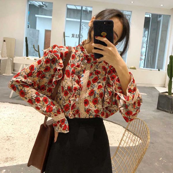 

women's blouses & shirts floral print spring blouse women ruffles stand neck long sleeve cotton vintage pleated single breast, White