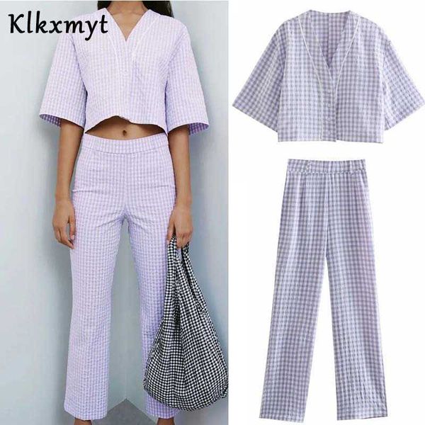

klkxmyt za 2pcs set women shirts +trousers suit classic plaid blouse fashion female pants single breasted casual s 210527, White