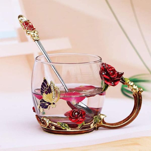 

wine glasses handmade enamel cup flower colorful butterfly drinking cups with spoon set gift for birthday wedding pak5