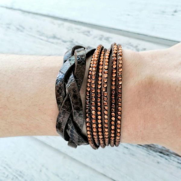 

beaded, strands long artificial leather bracelet with drill multi layer winding flannel woven, Black