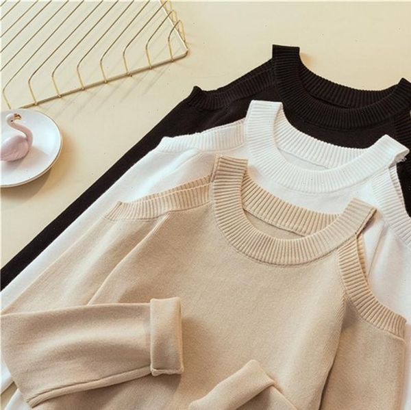 

off shoulder knitted womens sweater solid slim pullover black autumn winter female zy4869, White;black