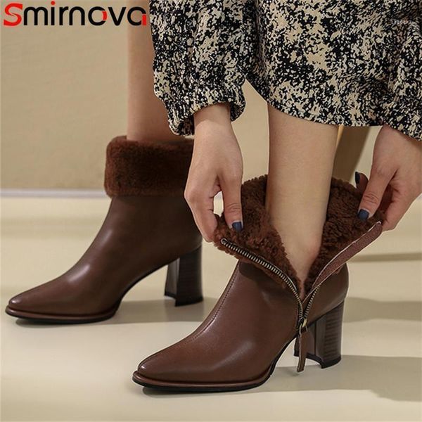 

boots smirnova 2021 genuine leather wool snow women high heel party shoes pointed toe fashion winter ankle women11, Black