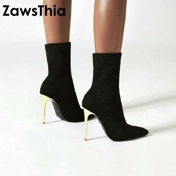 

zawsthia black sliver glitter leopard woman boots super thin high heels stilettos sock booties women stretch ankle boots 210611