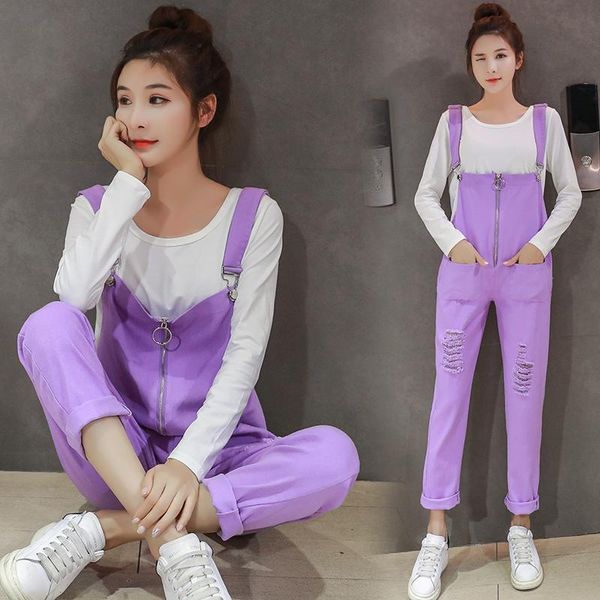

maternity bottoms cotton overalls with pockets autumn zipper pregnant women denim trousers fashion pregnancy straight belly pants, White