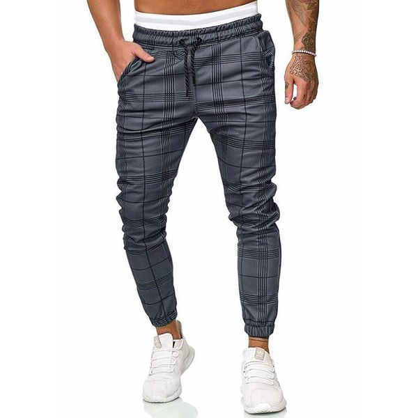 

men's pants pantalon homme spring streetwear casual sports slim plaid trousers running joggers fitness, Black