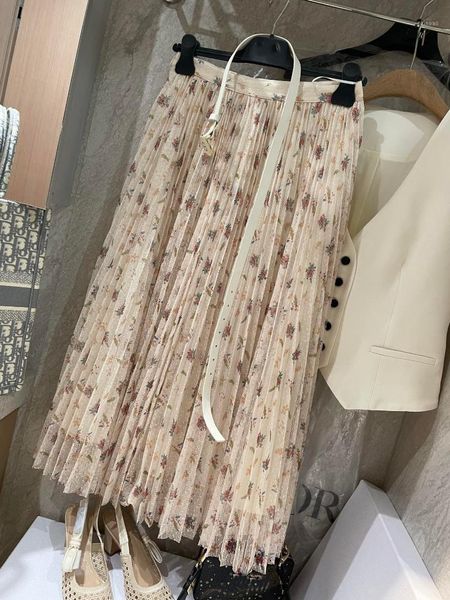

luxury women flower prints mesh pleated midi skirt for female gdnz 3.28 skirts, Black