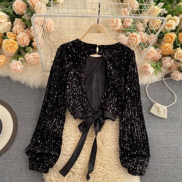 

women's t-shirt temperament jacket autumn heart hollow backless strap waist short sequin women, White