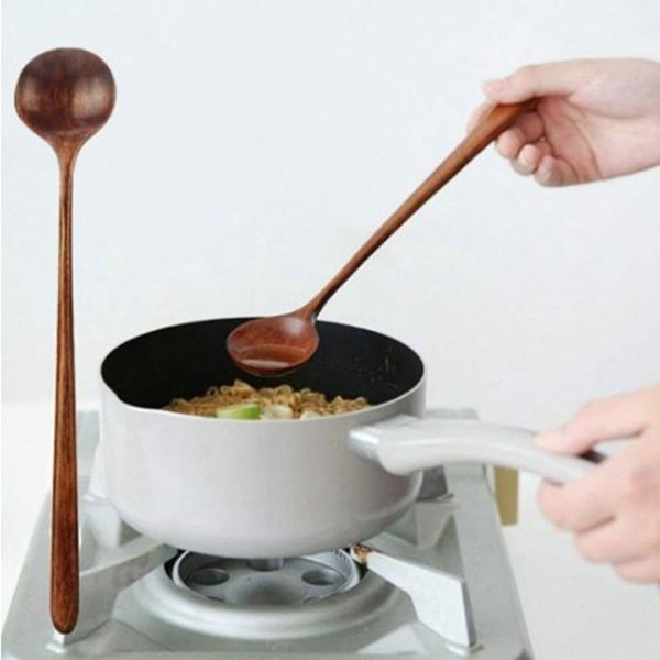 

1pc long spoons wooden korean style 10.9 inches 100% natural wood handle round for soup cooking mixing stirr