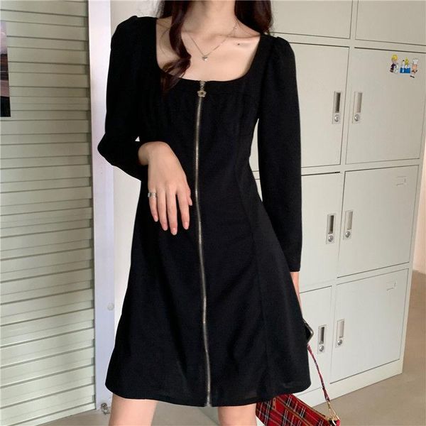 

casual dresses houzhou black dress women spring autumn long sleeve square collar puff zipper elegant fashion streetwear, Black;gray