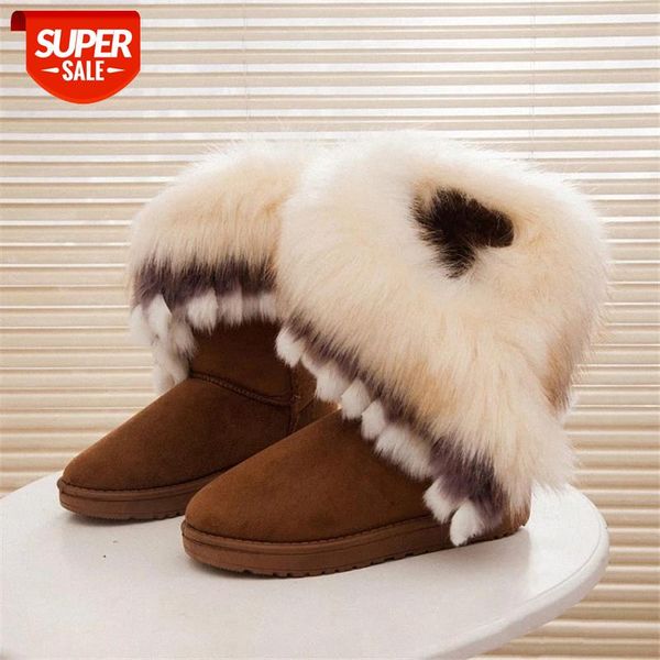 

boots women winter snow ankle boots for women flurry slides round toe shoes female fox fur warm platform shoes bota feminina #sm0b, Black