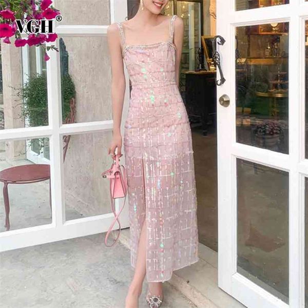 Vestido de estilingue de lantejoulas de pérolas cor-de-rosa para mulheres colarinho quadrado mangas cintura alta split elegante maxi vestidos feminino 210531