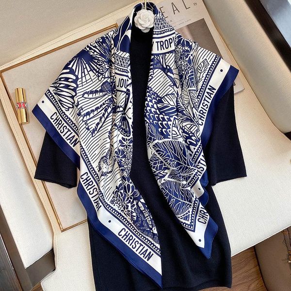 

scarves 90cm satin silk scarf women square hijab headscarf foulard female bandana spring summer black polka dot large turban shawl, Blue;gray