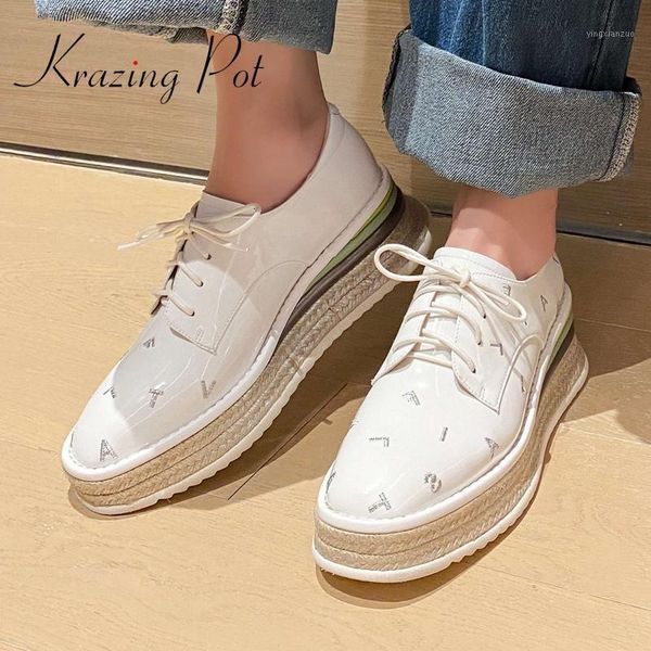 

dress shoes krazing pot patent leather round toe straw wedges cross-tied young lady streetwear comfortable leisure classic women pumps l191, Black