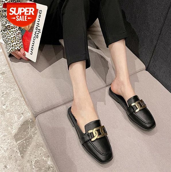 

slippers women's outer wear flat bottom square toe baotou half sandals 628-3 #fw1p, Black