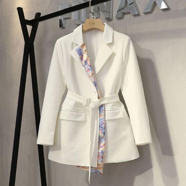 

spring elegant black blazer jacket coat women korean belt slim waist suit long sleeve notched collar white women's suits & blazers, White;black