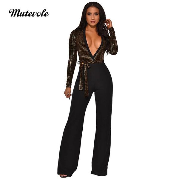 

women's jumpsuits & rompers mutevole women deep v neck sequin glitter jumpsuit patchwork pailletten club party long sleeve wide leg, Black;white