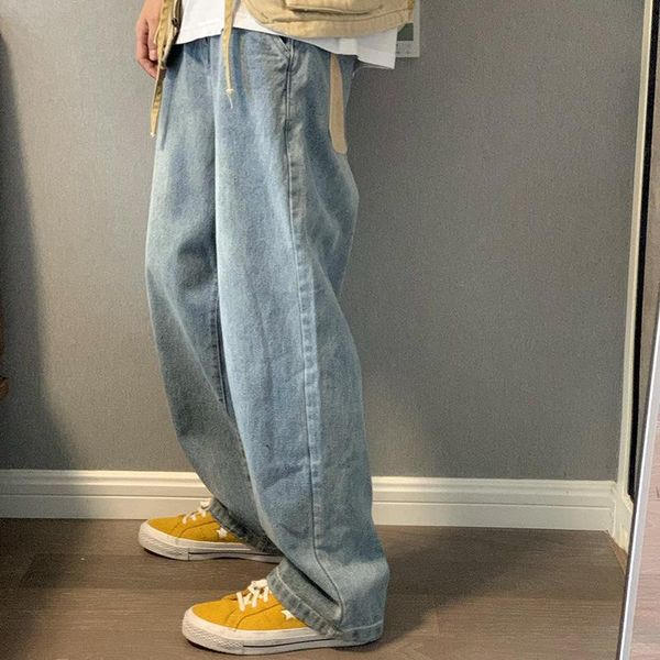 

men's jeans hong kong style autumn 2021 fashion street brand loose straight light-colored skinny rolled edge mopping trousers, Blue