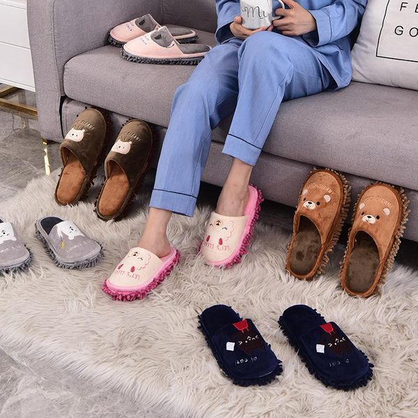 

slippers winter designer house mop women cute cartoon animal bedroom couples shoes indoor warm plush ladies fur, Black