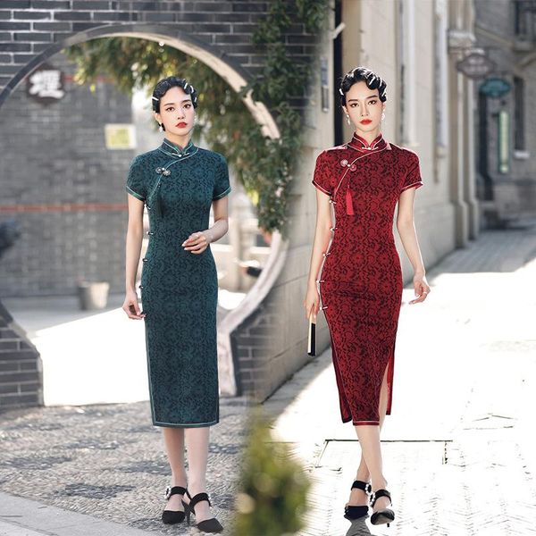 

ethnic clothing spring and summer improved cheongsam dress fashionable lean flower luo jacquard medium-length flag robe, Red