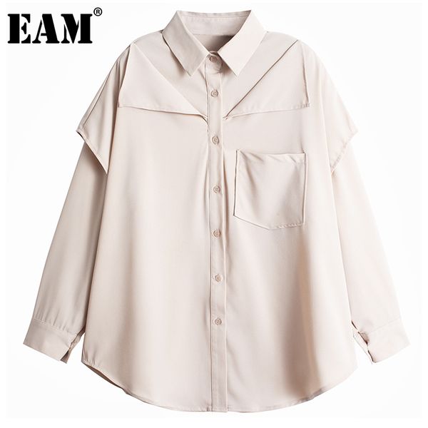 

[eam] women apricot double layers fold big size blouse lapel long sleeve loose fit shirt fashion spring autumn 1dd7783 21512, White
