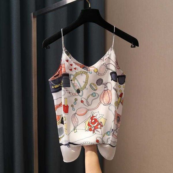 Sommer Spaghetti Strap Tank Top Frauen Dessous Parfüm Flasche Jewery Muster Dünne Große Größe V-ausschnitt Weste Weibliche Unterhemd 210616