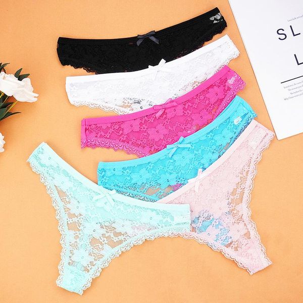 

women's panties 6pcs/lots female lace thongs transparent t back women seamless tangas strings low rise bow comfort underwear, Black;pink