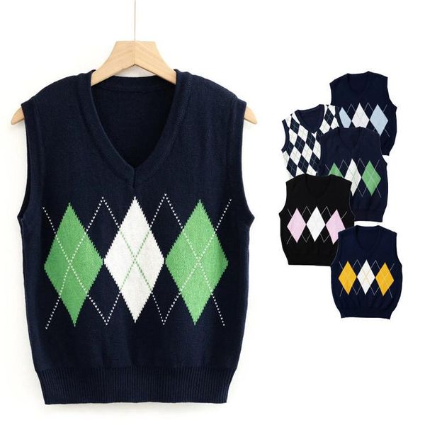 

women's vests fresh sweet college style color-contrast check knitted vest autumn small v-neck sleeveless sweater, Black;white