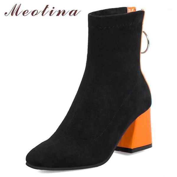 

boots meotina winter ankle women zipper chunky high heel short mixed colors square toe shoes female fall red size 461, Black