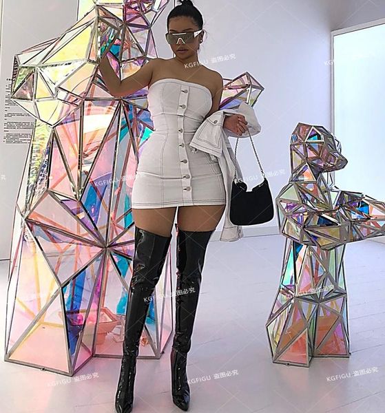 

casual dresses kgfigu 2021 arrival buttons strapless off shoulder sleeveless women good quality overalls summer breathable dress, Black;gray